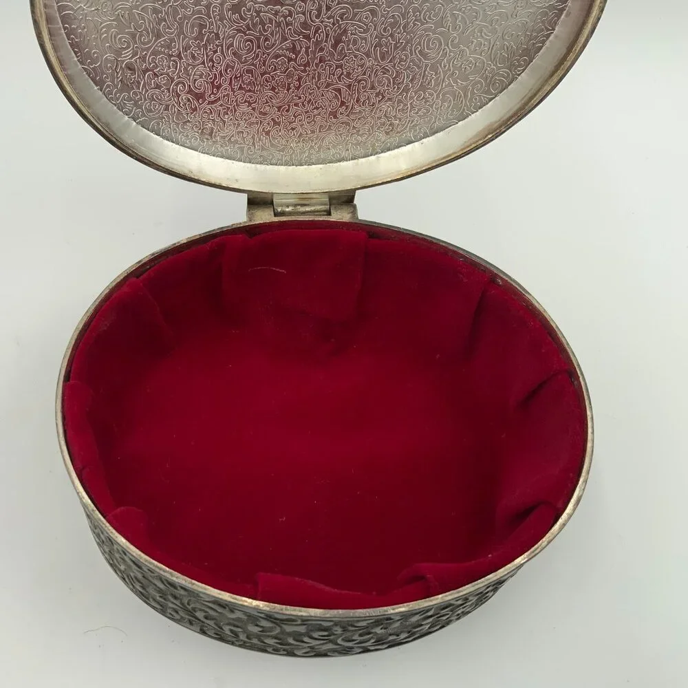 Silver Plated Oval Jewelry Box Red Velvet Lining